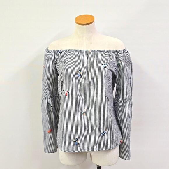 Gypsies & Moondust Tops - GYPSIES AND MOONDUST BLOUSE - EMBRODIERY WITH BLUE STRIPES SMALL